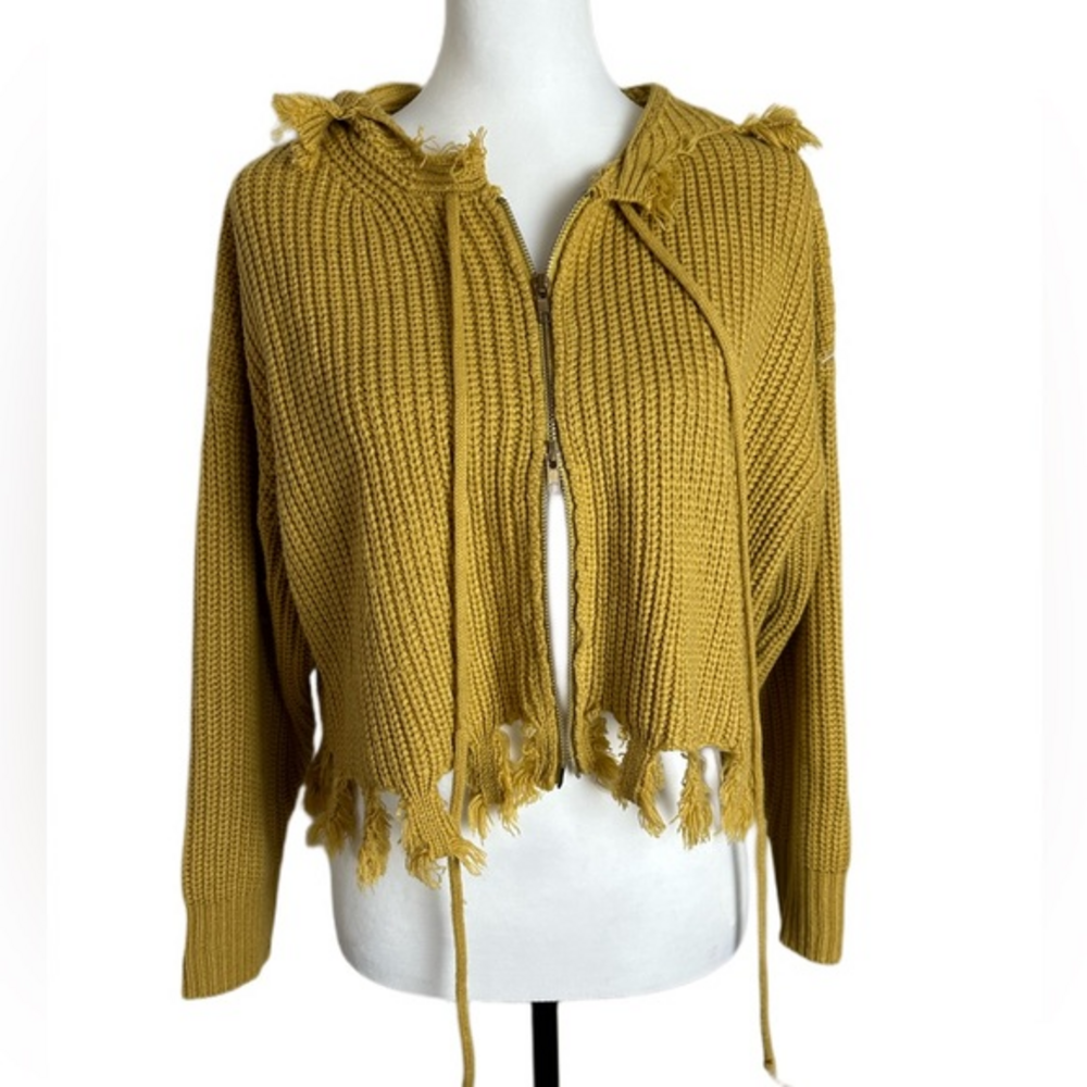 Zaful Distressed Cropped Zip Up‎ Hoodie Mustard Yellow Womens Small